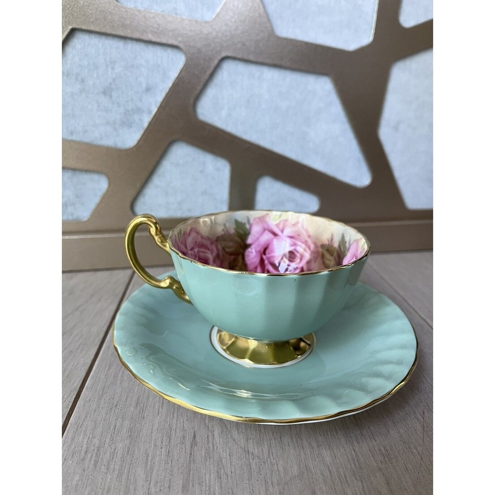 vtg England Aynsley Pink Cabbage 4 Roses sage Green Teacup Saucer bone china